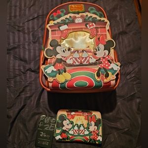 Loungefly Mickey and Minnie with Hot Cocoa by fireplace backpack and wallet